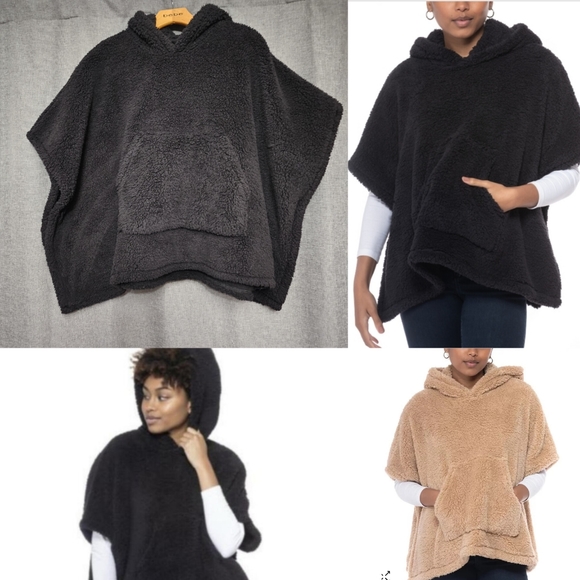 Jenni Sweaters - Jenni Hooded Sherpa Kangaroo Pocket Poncho Black OS MSRP $78 New